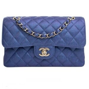 CHANEL Classic Double Flap Medium Caviar Bag in Iridescent Blue & Gold Chain NEW